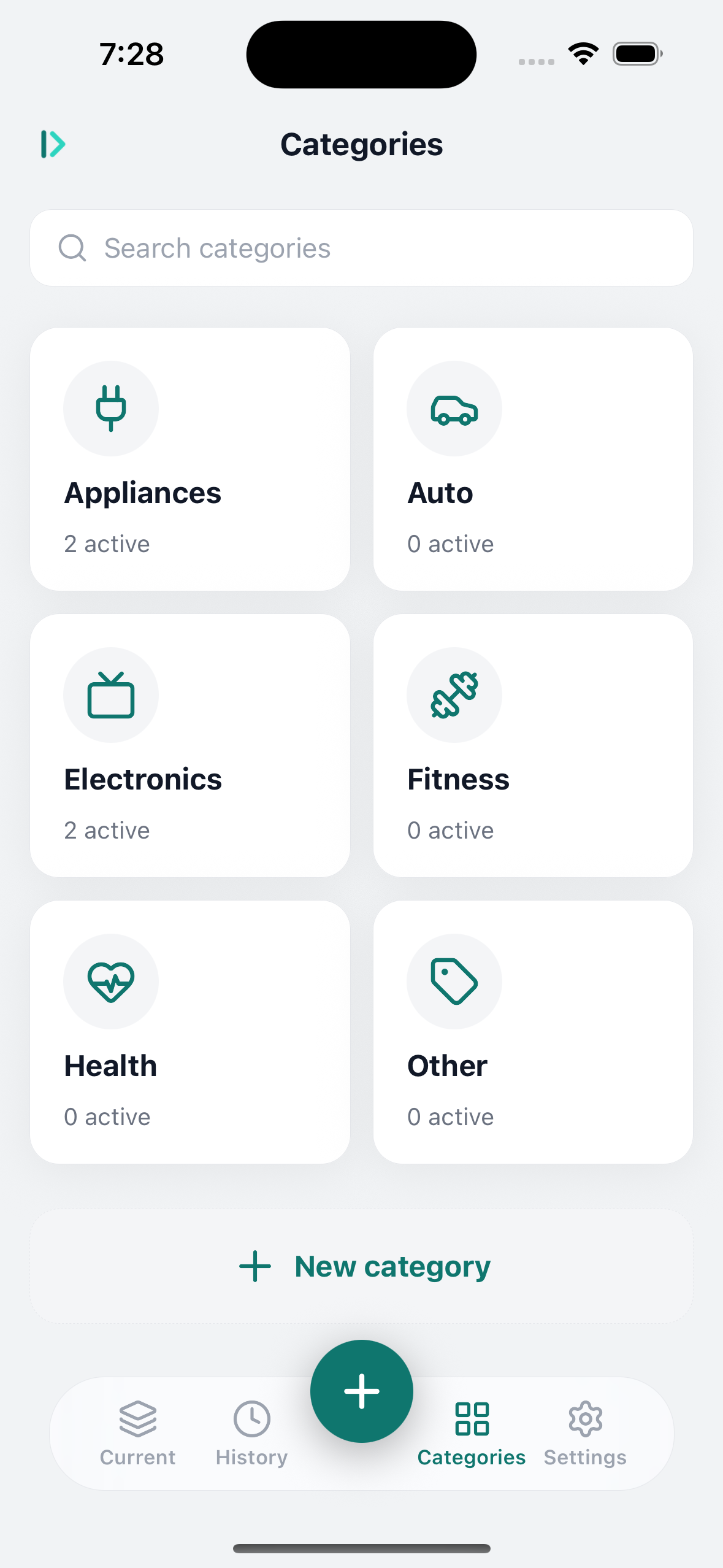 Keevo categories screen